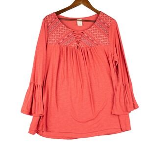 Faded Glory Womens 2X Peasant Top Boho Bell Sleeve Embroidered Lace-Up Rust Red